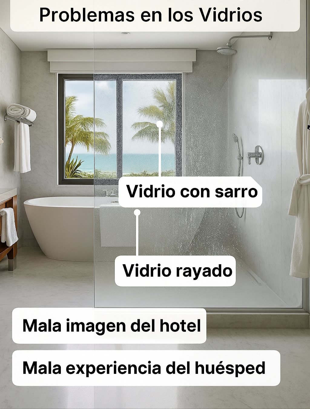 Cancel de baño hotelero con sarro y rayaduras que afectan la imagen del hotel