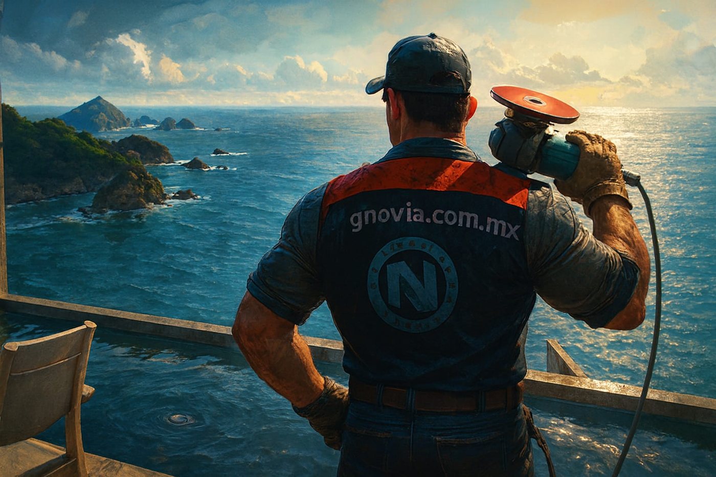 Técnico de Grupo GNOVIA con equipo frente al mar en un entorno premium