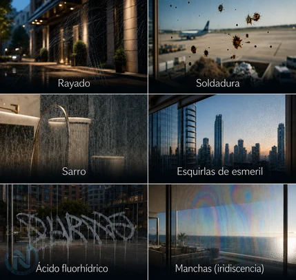 Composición de siete daños recuperables en vidrio: rayado, soldadura, iridiscencia, esquirlas, sarro, grafiti con ácido y cemento