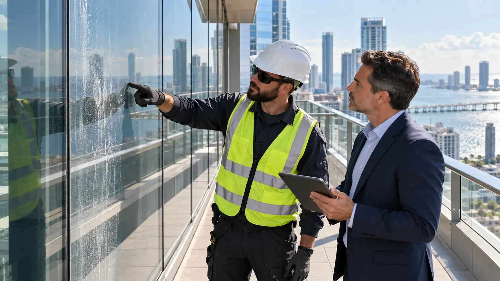 Evaluación técnica de daños superficiales en vidrio desde una terraza con acceso seguro