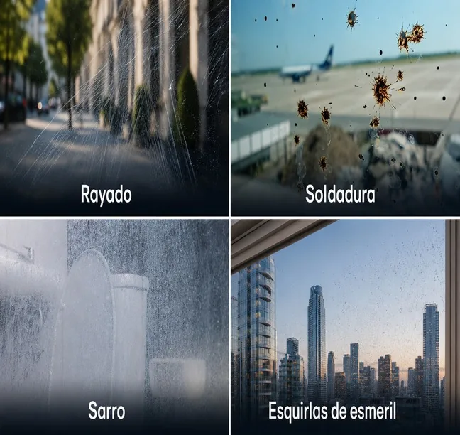 Daños comunes en vidrios: rayones, soldadura, sarro, esquirlas y cemento